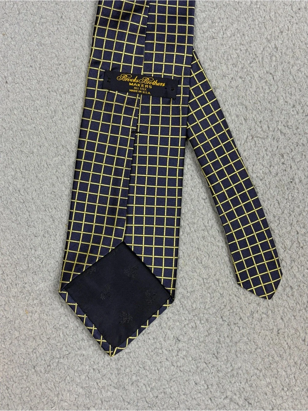 Brooks Brothers Makers Neck Tie Navy with Yellow Grid Silk Made in USA